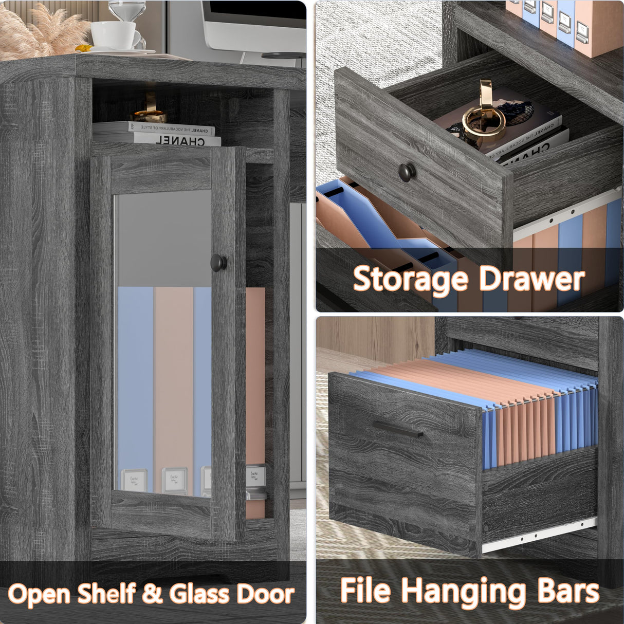 MU L Shaped Desk with File Drawer, 60 Inch Corner Desk with Storage Drawers & Cabinet, Large Home Office Desk with Power Outlets, Wood Executive Office Desk, Grey MU