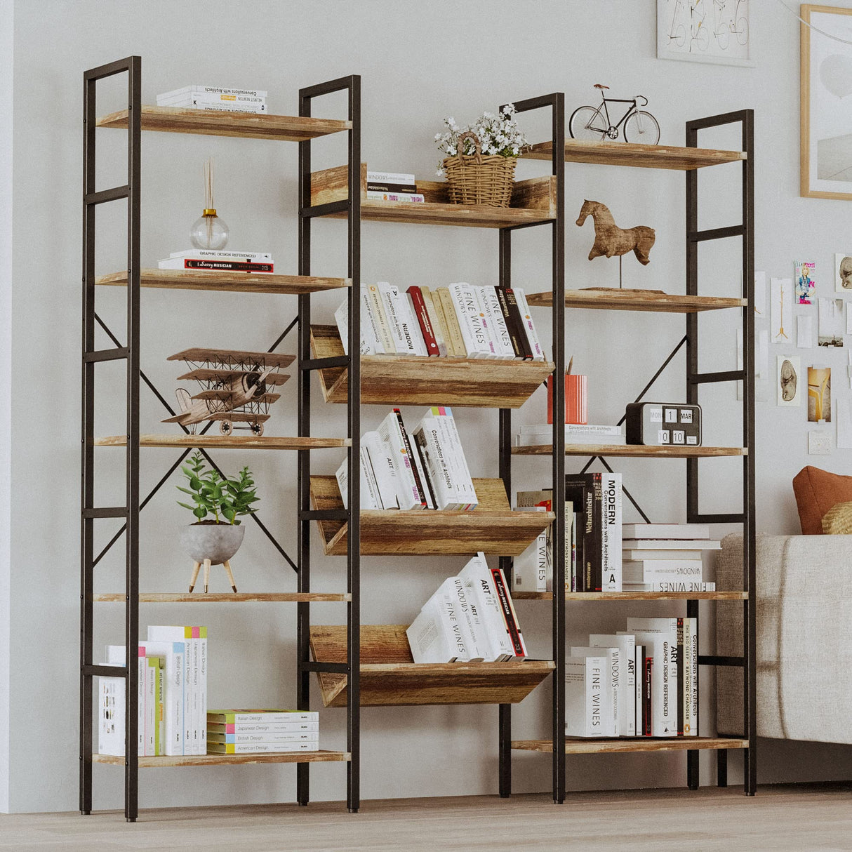 IRONCK Bookshelves and Bookcases 5 Tiers, Triple Wide Industrial Bookshelf, Large Etagere Bookshelf, Display Storage Bookshelves with Metal Frame for Living Room, Home Office IRONCK