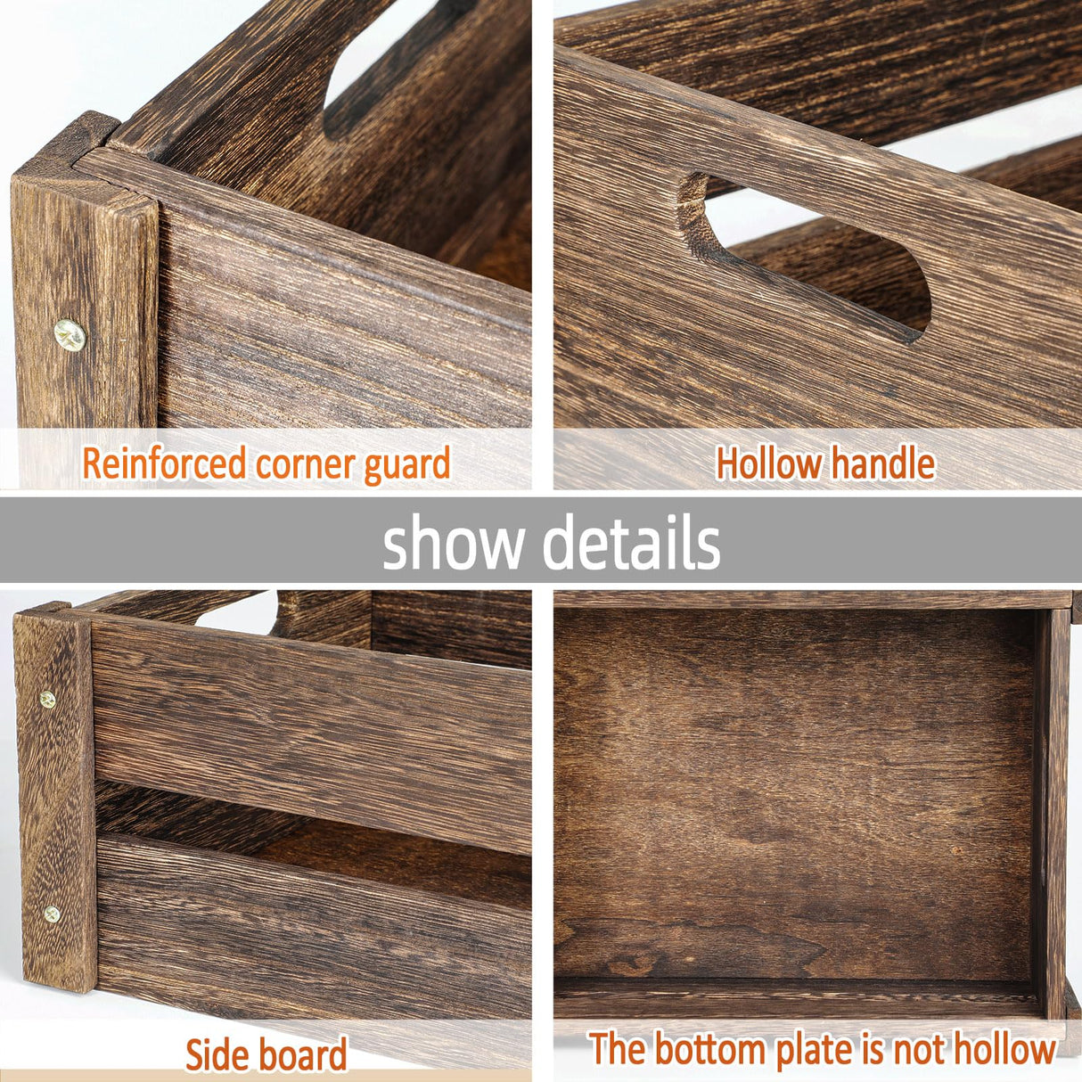 ROSOS Wooden Crates, Farmhouse Wood Crates for Storage with Handles, Solid Wooden Crates for Display, Durable Wooden Crate Box, Handmade Wooden Box, Wooden Crates for Decor, 2 Pack, Brown ROSOS
