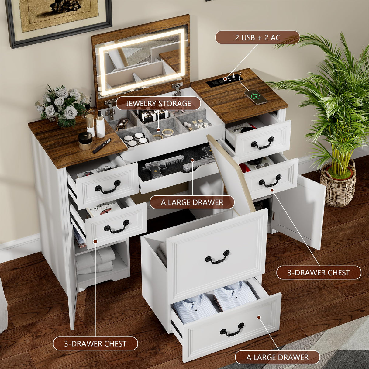 FOMNEY Multifunctional Vanity Desk with Mirror, LED Lights, USB Ports, Power Outlets, and Ample Storage – Stylish Makeup Dresser for Your Bedroom FOMNEY