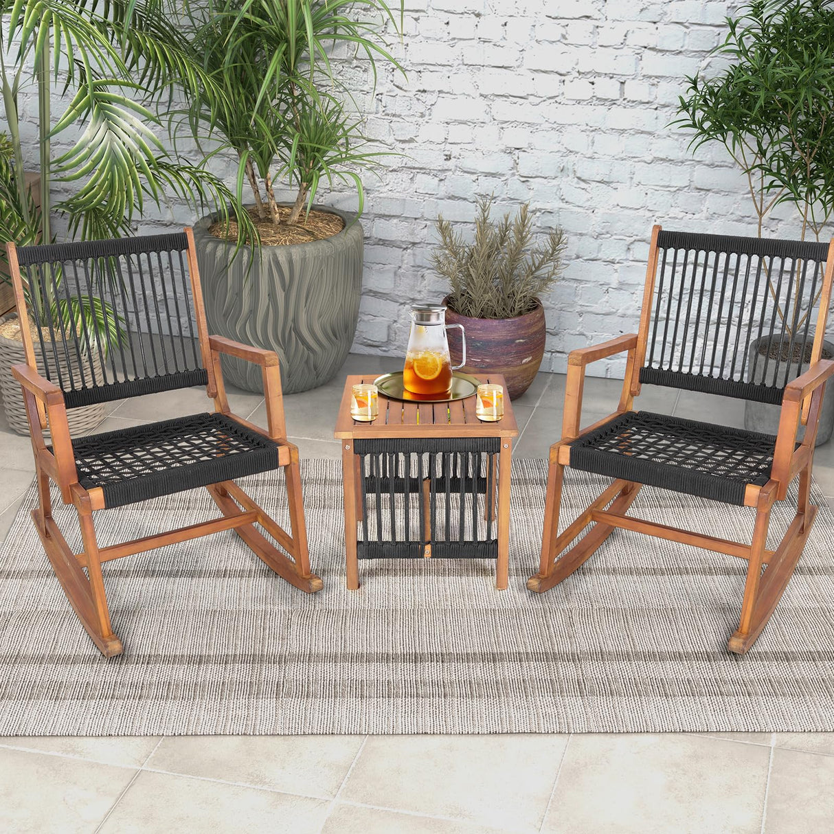 Tangkula 3 Pieces Acacia Wood Rocking Bistro Set, All-Weather Rope Woven Patio Furniture Set with Coffee Table, Outdoor Conversation Set for Front Porch, Deck, Balcony (Black & Natural) Tangkula