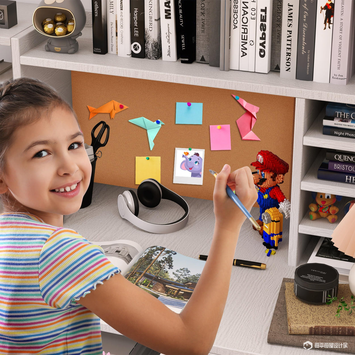 RUPOLX White Kids Desk and Chair Set for 5-12 Year Old, Childrens Computer Desk with 4 Drawers, Kids Study Table with Storage Shelf -Ck5-40 RUPOLX