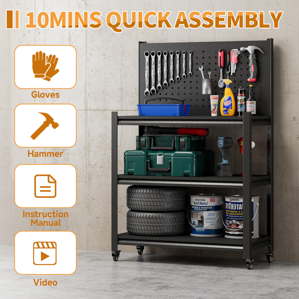 48.15" H Adjustable Workbench with Pegboard,3-Tier Heavy Duty Work Table with Wheels,Black Rolling Workshop Bench,Mobile Garage Workstation, Metal Tool Bench for Garage Warehouse Workshop Firstsky