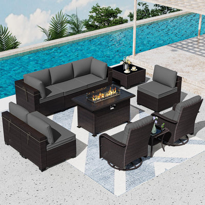ASJMR 11 Pieces Patio Furniture Set with 2 Swivel Chairs Patio Furniture Outdoor Sectional Sofas with 55000 Gas Fire Pit Patio Conversation Set w/7 Cushions