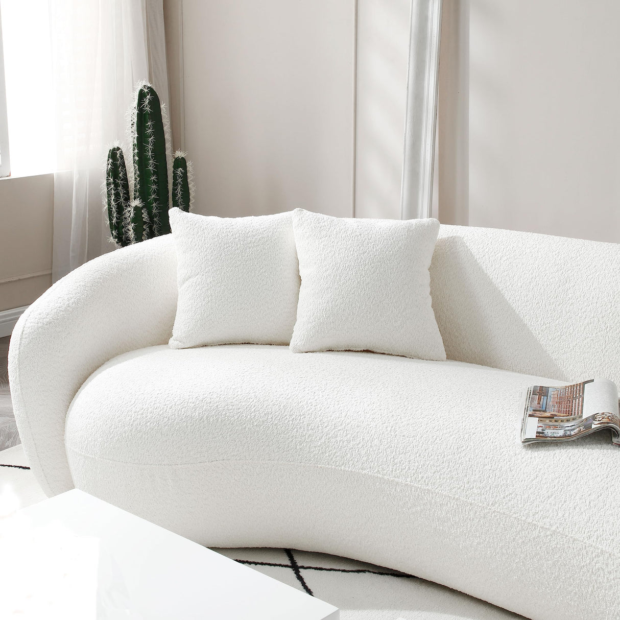 BAMOOLI 101'' Curved Sofa Couch, Mid Century Modern Half Moon Living Room Sofa, Luxury 5-Seat Sofa Couch with 4 Throw Pillows, Teddy Fleece Leisure Couch for Apartment, Office, Bedroom, Beige BAMOOLI