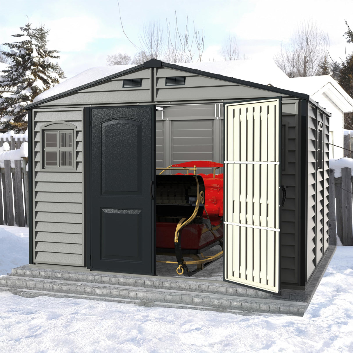 Duramax Woodside Plus 10 x 8 (8.02 m2) Plastic Garden Shed with 3 Fixed Windows & Metal Foundation Kit, Strong Metal Roof Structure Fire Retardant and Maintenance-Free Storage Shed - Dark Grey/Adobe DURAMAX