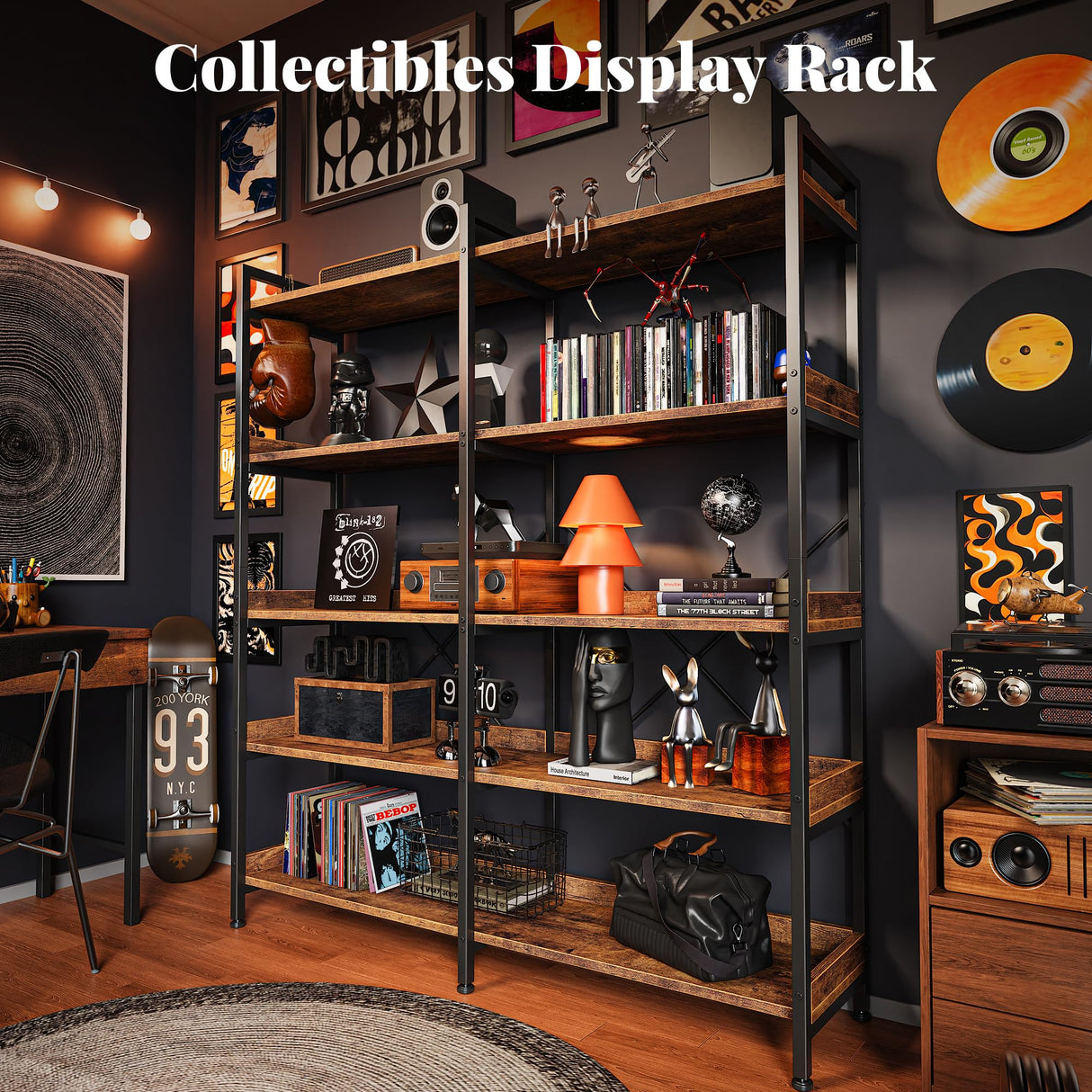 Huuger 5 Tier Bookshelf, Display Bookshelf with 10 Open Shelves and Raised Baffle, 47.2 Inch Straight Wide Bookcase with Metal Frame and Wooden Board, Adjustable Feet, Rustic Brown Huuger