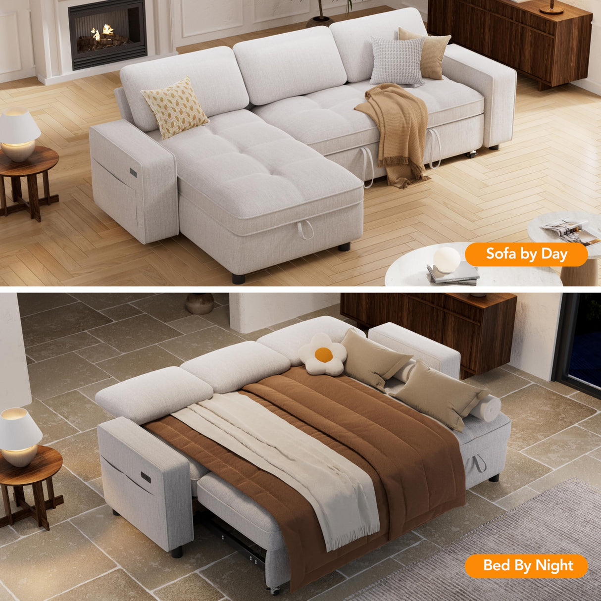 Vipbear 81" Sectional Sleeper Sofa Bed with Pull Out Bed, L Shaped Couch Sleeper Sofa, Pull Out Couch with Reclining Backrest, Reversible Storage Chaise, USB Ports, Tool-Free Assembly, Chenille Beige Vipbear