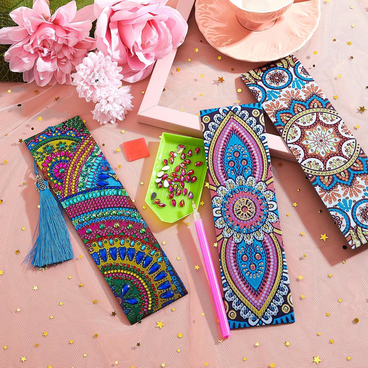 6 Pieces 5D Diamond Bookmark DIY Painting Bookmark Floral Beaded Leather Tassel Bookmarks for DIY Making Arts Crafts Adults Graduation Birthday Embroidery(Classic Style) Zonon