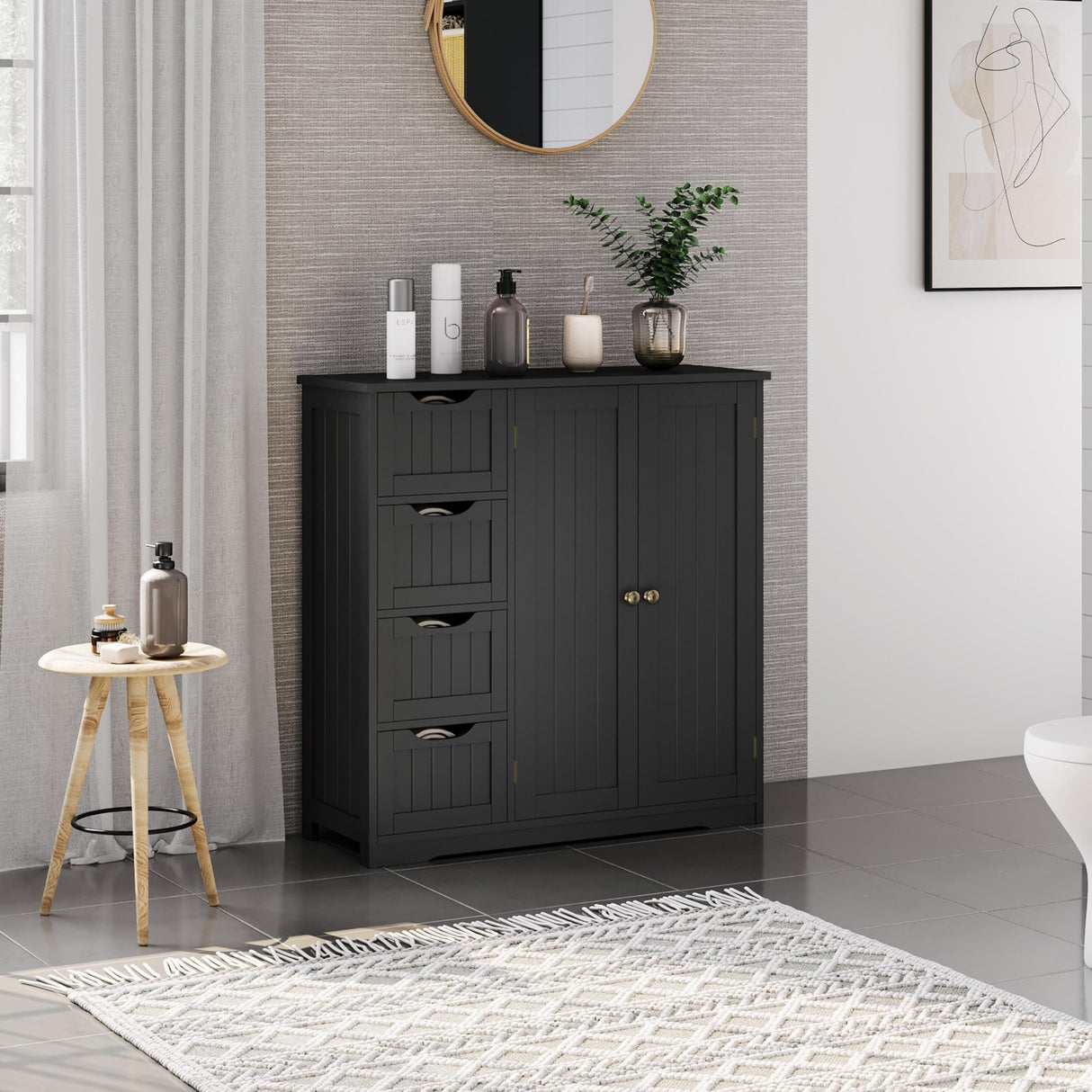 Yaheetech Black Wooden Bathroom Storage Cabinet with 4 Drawers and Double Doors Yaheetech