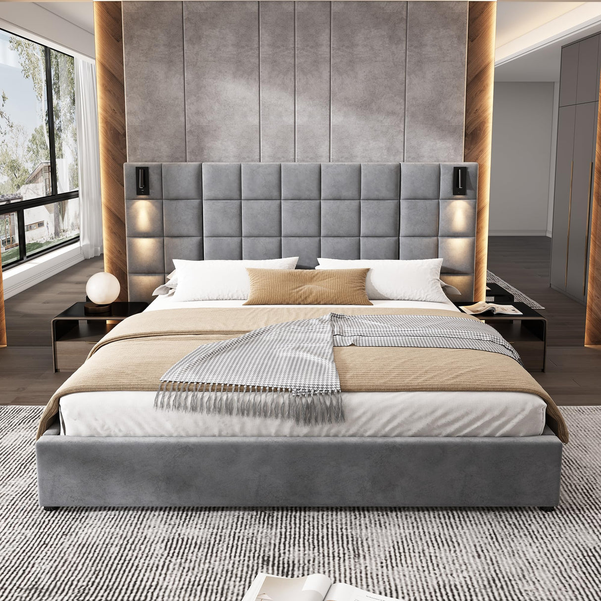 Christopher Knight Home Svens 46" High Headboard Bed, King Size Platform Bed Frame, Soft Velvet Upholstered California King Bed Frame, Square Pattern Design with Reading Lamps and USB Ports, Grey Christopher Knight Home