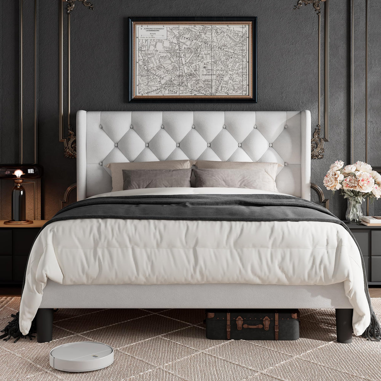 GalnFu Full Size Bed Frame with Button Tufted Headboard, Upholstered Platform Bed Frame with UnderBed Storage, Wooden Slats Supports, Noise Free, No Box Spring Needed, Easy Assembly, White GalnFu