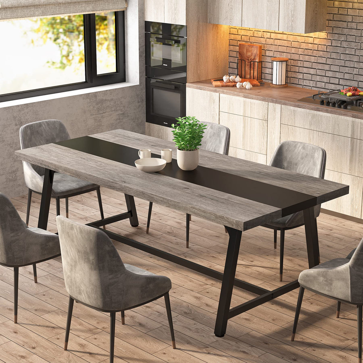 Tribesigns Dining Table for 8 People, 70.87-inch Rectangular Wood Kitchen Table with Strong Metal Frame, Industrial Large Long Dining Room Table for Big Family (Gray, No Chair) Tribesigns