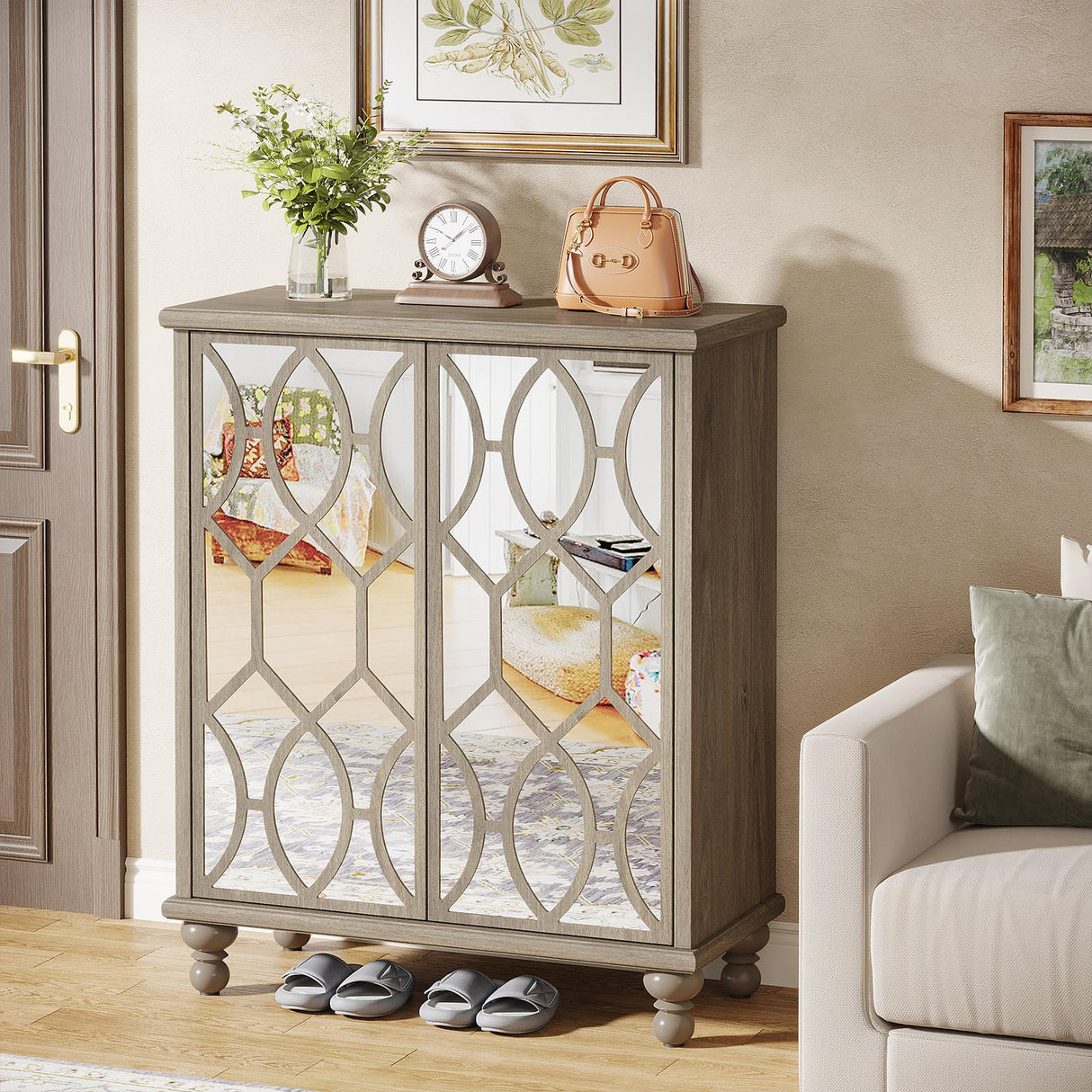 Tribesigns Mirror Shoe Cabinet, 5-Tier Large Modern Shoe Organizer Cabinet with Doors, Wooden Shoe Storage Cabinet for Entryway, Freestanding 25-Pair Shoe Rack, Light Brown (Decal Mirror) Tribesigns