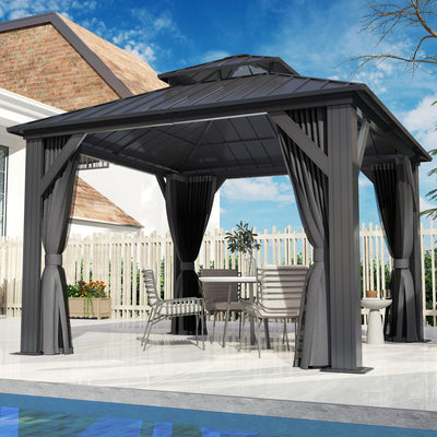 COVERONICS 10' x 10' Outdoor Galvanized Hardtop Gazebo - Aluminum Heavy-Duty Double Roof Vented Gazebo with Breathable Netting & Privacy Curtains for Patio, Porch, Garden, Lawn