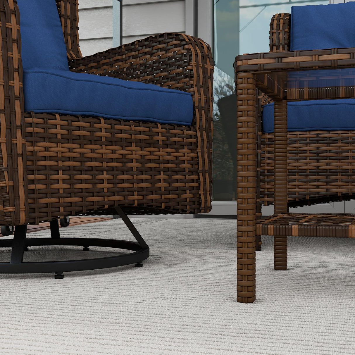 Outsunny 4 Piece PE Rattan Outdoor Patio Furniture Set, Wicker Conversation Set with 2 Swivel Rocking Chairs, 2-Tier Glass Table and Loveseat for Garden, Patio, Poolside, Blue Outsunny