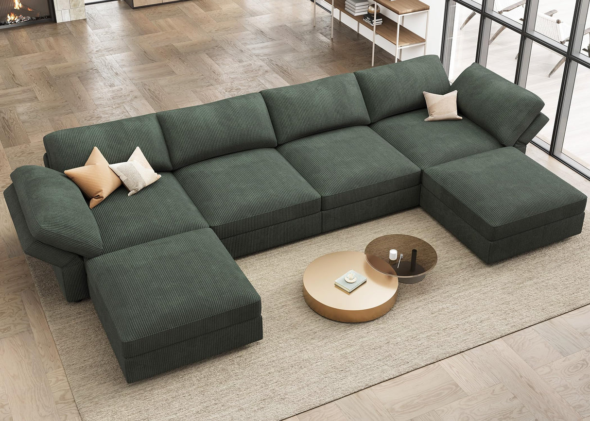 HONBAY Modular Sectional Couch with Storage Corduroy Sectional Sofa with Chaise U Shaped Sectional Couches for Living Room,Green HONBAY