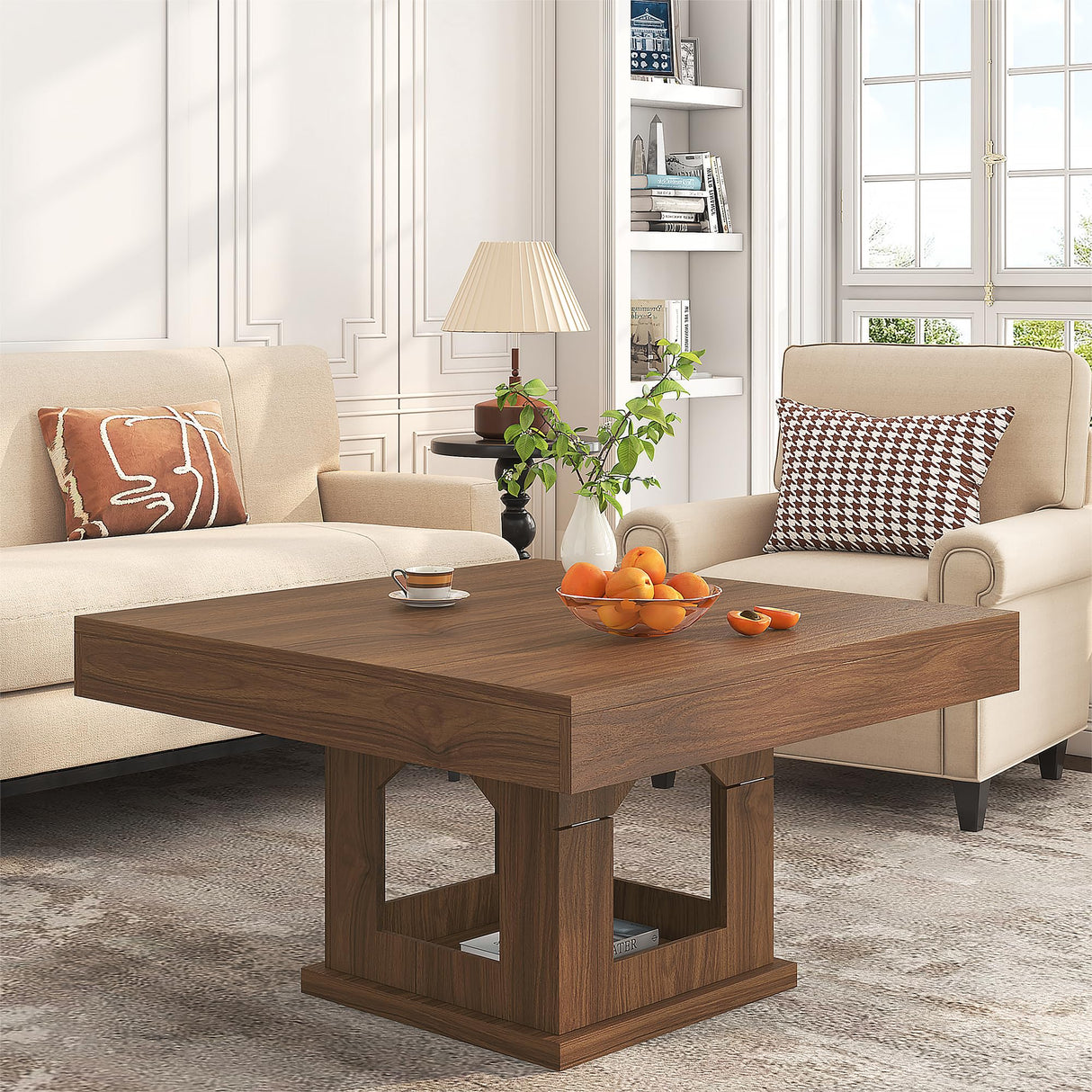 knoworld Square Coffee Table, Wooden Coffee Table with Storage and Cat House, Rustic Brown Cocktail Table for Living Room, Farmhouse Large Center Table knoworld