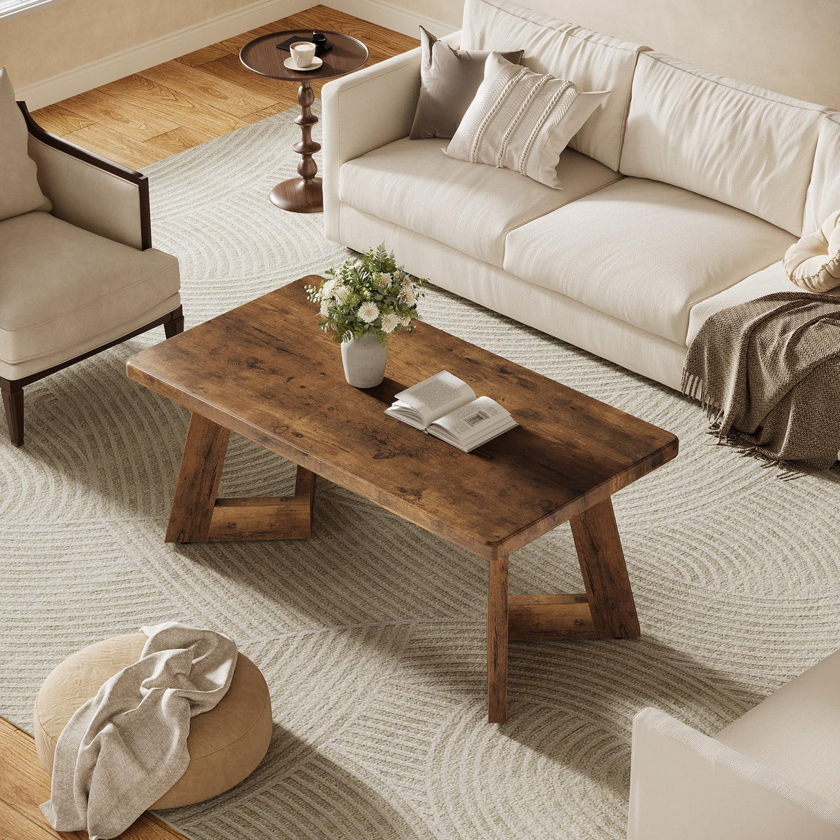 Tribesigns Coffee Table, Farmhouse Center Table with V-Shaped Legs, 47.2 x 23.6 Inches Rectangle Living Room Tables, Easy to Assemble, Rustic Brown Tribesigns