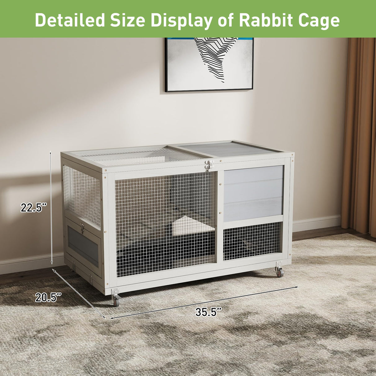 Wooden 36Inches Rabbit Hutch Indoor with Wheels Bunny Cage Outdoor Durable Wide Space Rabbit Cage with Tray, Openable Roof, Anti-Slip Ramp for Small Bunny Rabbit (Grey) Nyeekoy