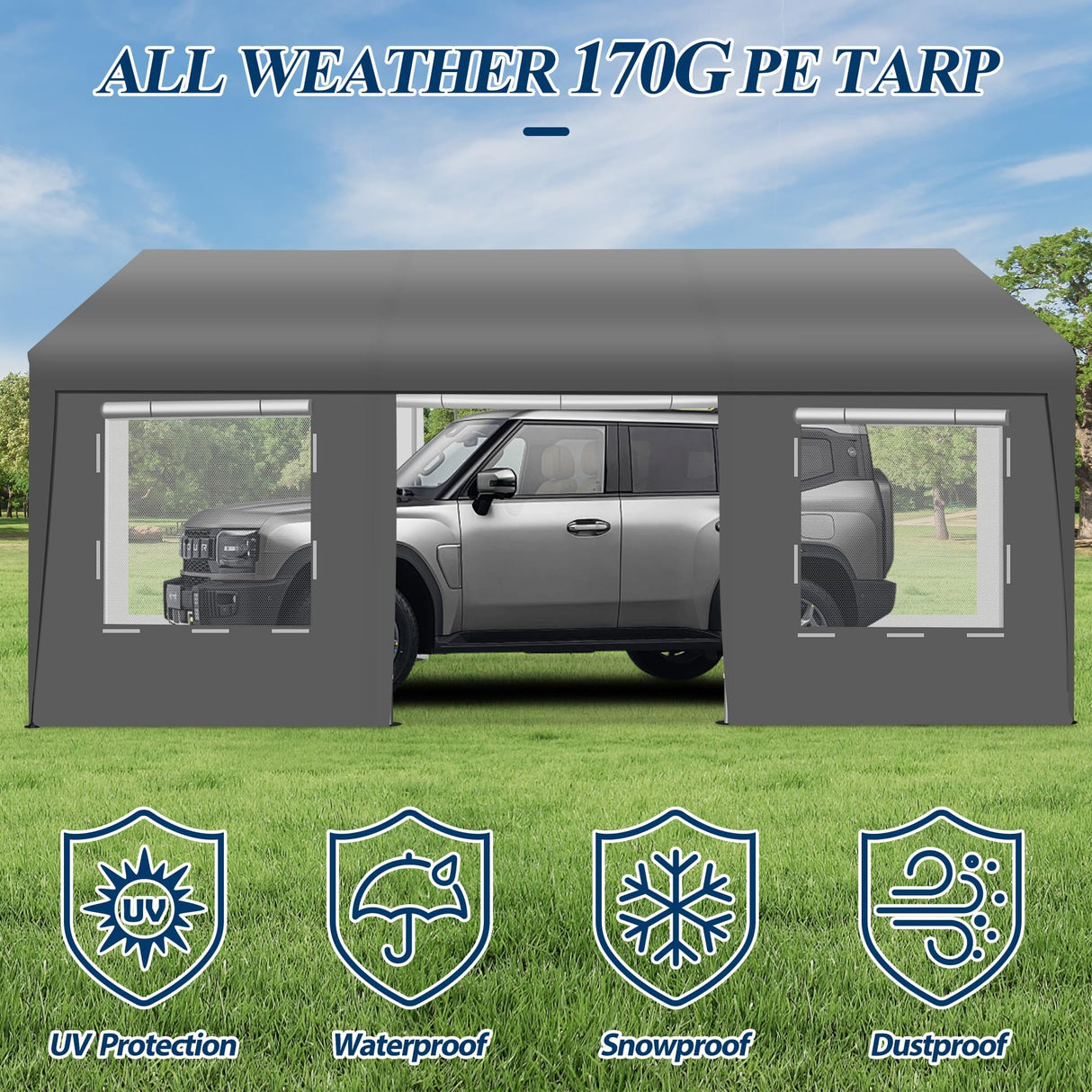 COVERONICS 12x20 FT Heavy Duty Carport Tent - Portable Outdoor Car Canopy with Roll-up Side Doors & Windows, Portable Garage with 4 Sandbags for Car, Truck and Outdoor Event, Gray COVERONICS
