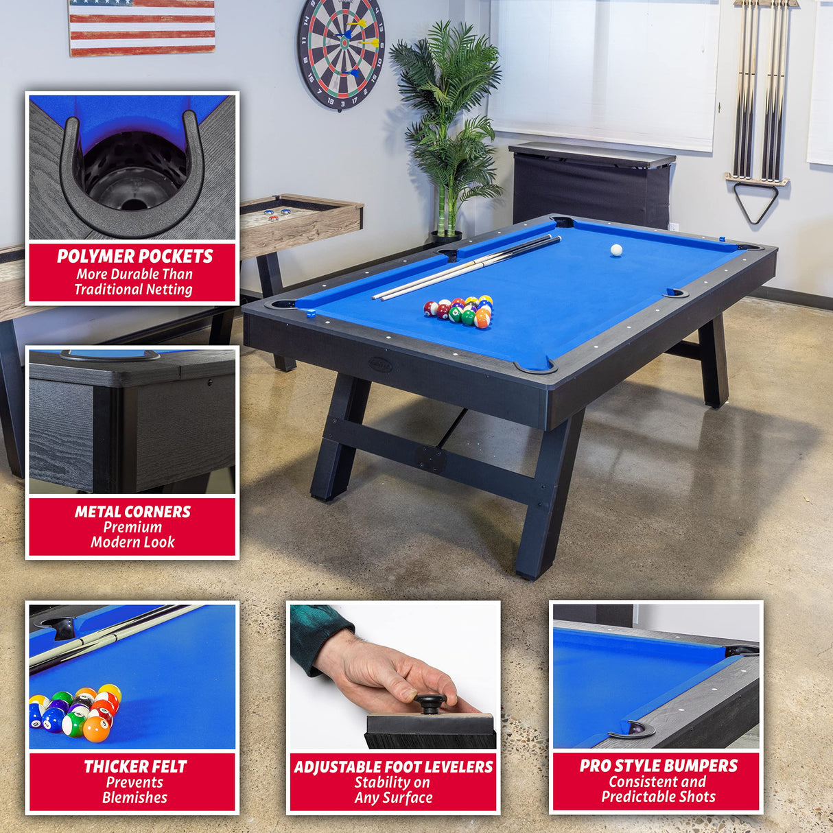 GoSports 8 ft Pool Table with Wood Finish - Modern Billiards Table with 2 Cue Sticks, Balls, Rack, 96"L x 51"W x 31.9"H, Felt Brush and Chalk GoSports
