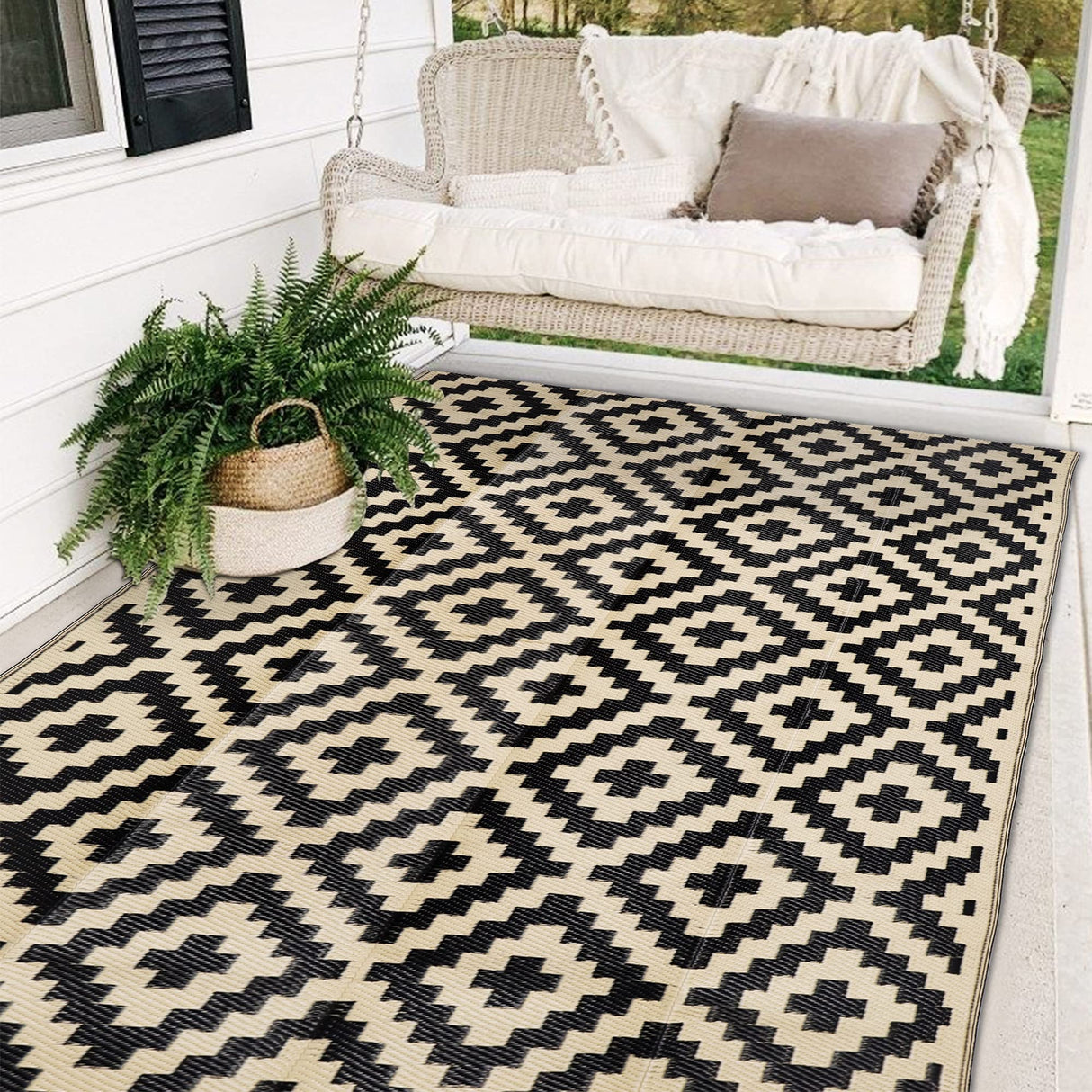 SAND MINE Waterproof Outdoor Rug 5x8 ft, Plastic Reversible Rug, Modern Area Rug, Large Floor Mat for Outdoors, RV, Patio, Backyard, Deck, Picnic, Beach, Camping, Black & Beige SAND MINE