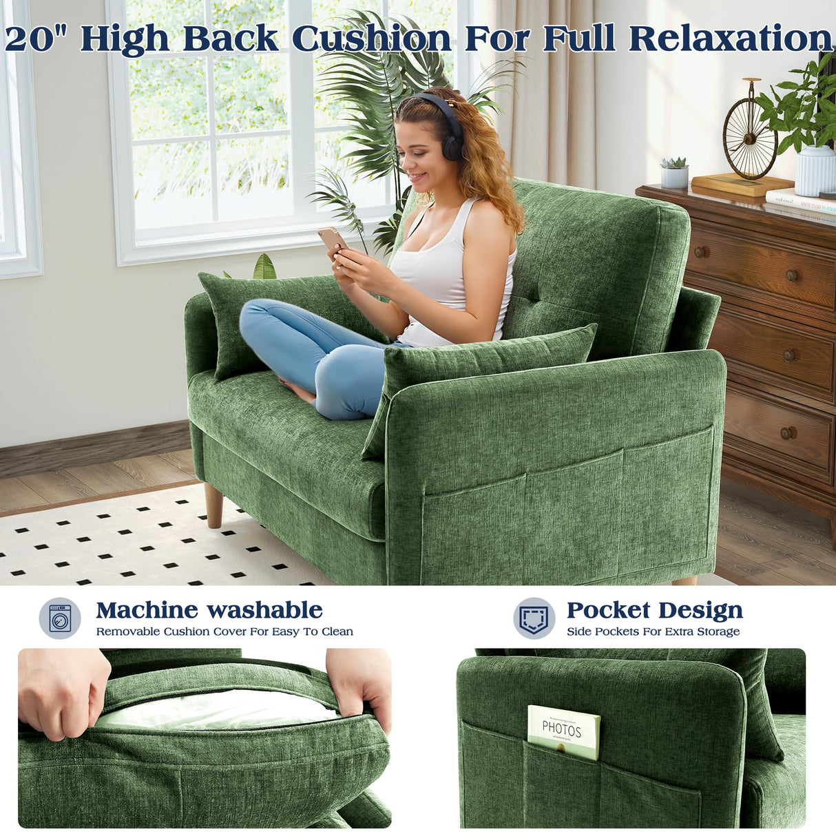 Hanherry Loveseat Sofa, 47” Small Couch for Living Room, Comfy Chenille Fabric Love Seat for Bedroom with Throw Pillow,Removable Cushion Cover,Couches for Small Space,Apartment,Dorm Hanherry