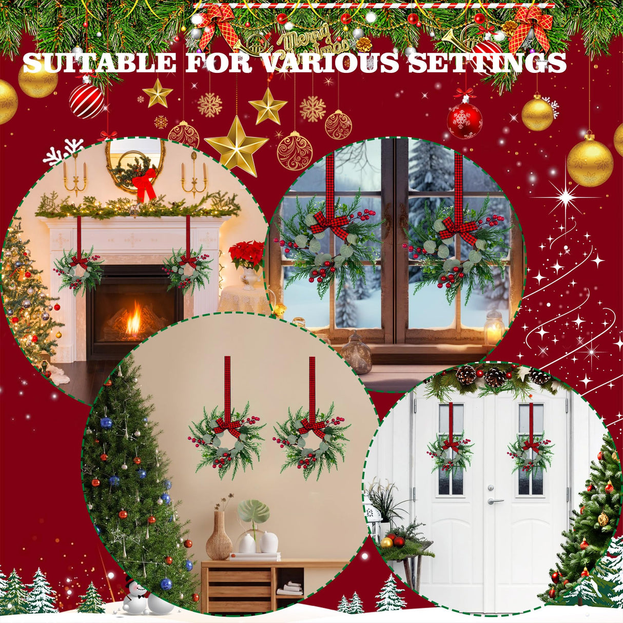 2Pcs Christmas Wreath, 10 Inch Mini Wreaths for Kitchen Cabinets, Christmas Door Wreath, Small Christmas Wreath for Fireplace Window Farmhouse Indoor Home Decorations JUSTOTRY