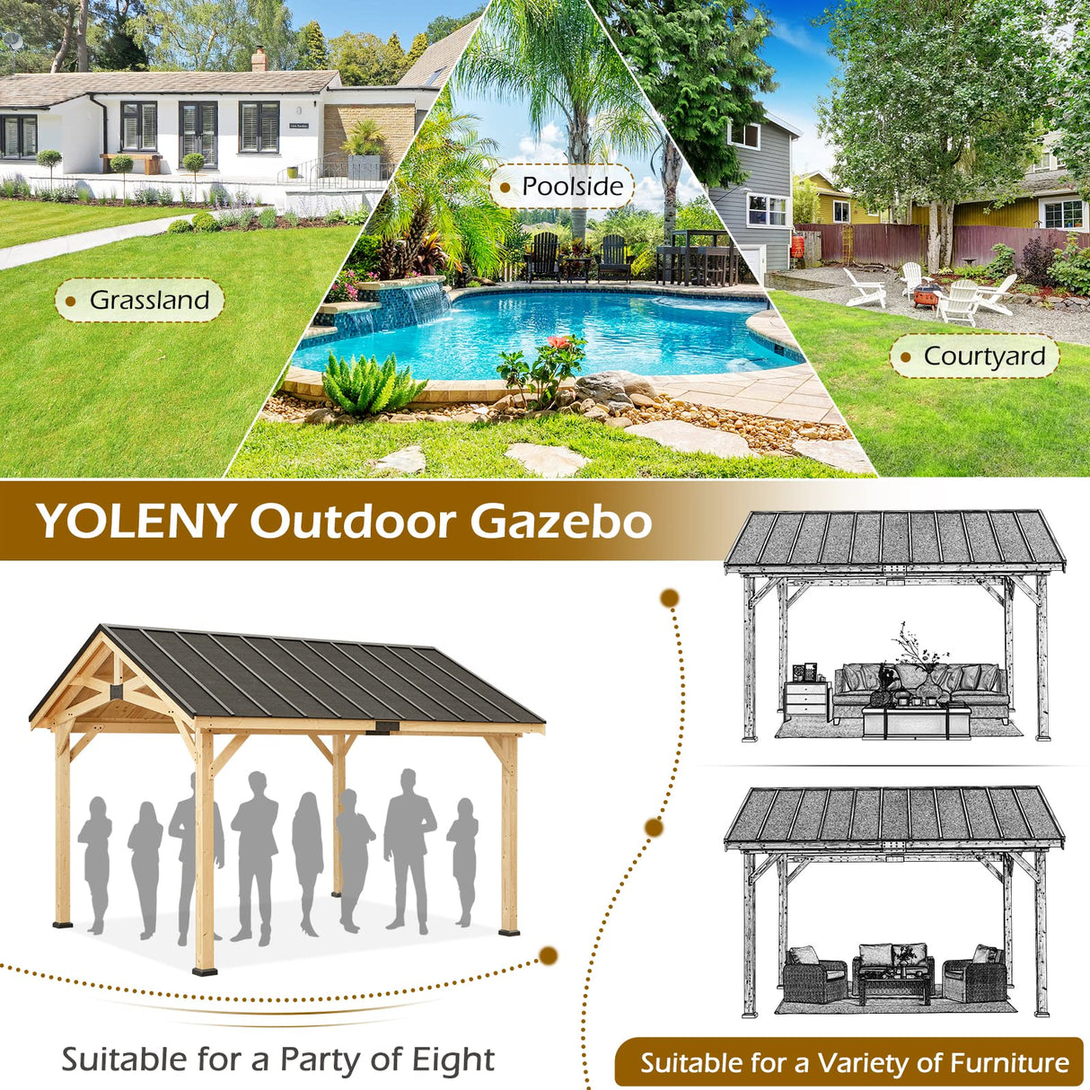 YOLENY Wood Gazebo, 12' x 15' Gazebo Hardtop Gazebo, Spruce Wood Solid Wood Gazebo, Waterproof Asphalt Roof, for Lawns, Beach, Patio, Garden, Yard, Easy Assembly YOLENY