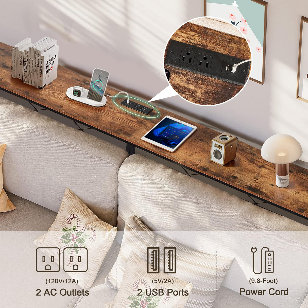 VECELO 55In Extra Long Narrow Sofa/Console Table with Charging Station & Power Outlet and USB Ports, for Entryway, Living Room, Office, Industrial, Brown VECELO