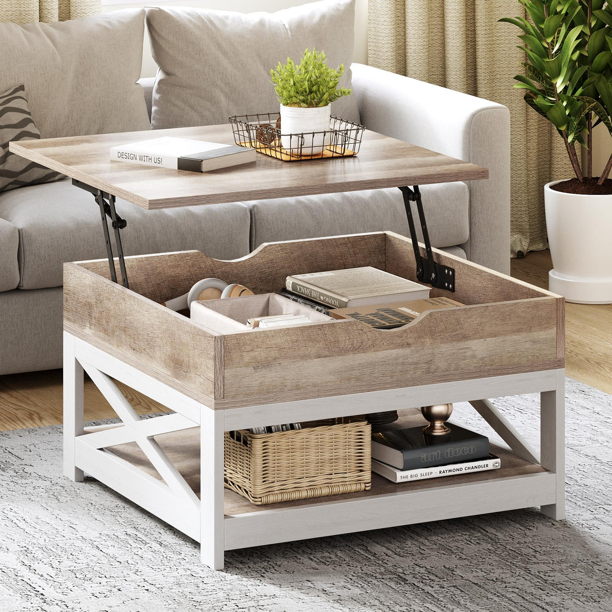 YITAHOME Coffee Tables with Living Room, Lift Top Coffee Table with Storage, Farmhouse Coffee Table, Square Wood Center Table Cocktail Table, Grey Wash YITAHOME
