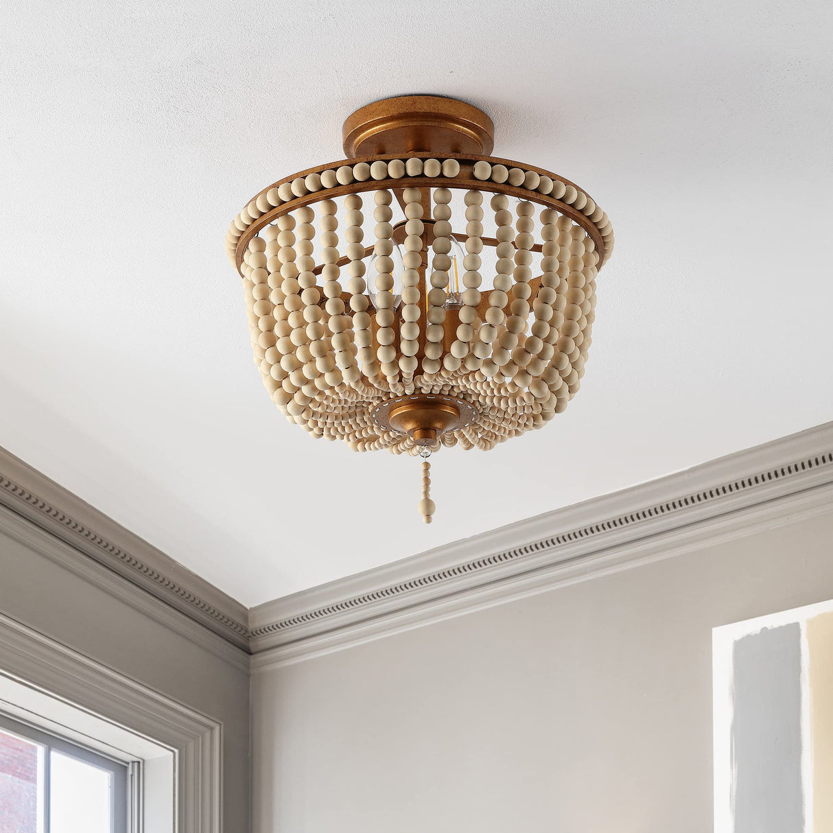 JONATHAN Y JYL9020C Allie 14" 3-Light Bohemian Farmhouse Wood Bead/Iron LED Semi Flush Mount Transitional Rustic Kitchen Hallway Bathroom Bedroom Entryway Foyer, Antique Gold/Light Taupe JONATHAN Y