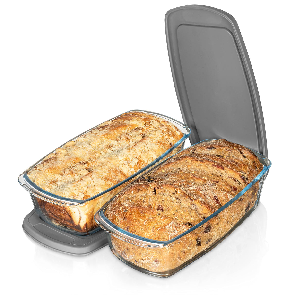Razab LARGE 7.6 Cups/1800 ML/1.9 Qt Glass Loaf Pan with Lids (Set of 2) - Meatloaf Pan BPA free Airtight Lids Grip Handle Easy Carry, Microwave and Oven Safe - Loaf Pans For Baking Bread, Cakes Razab