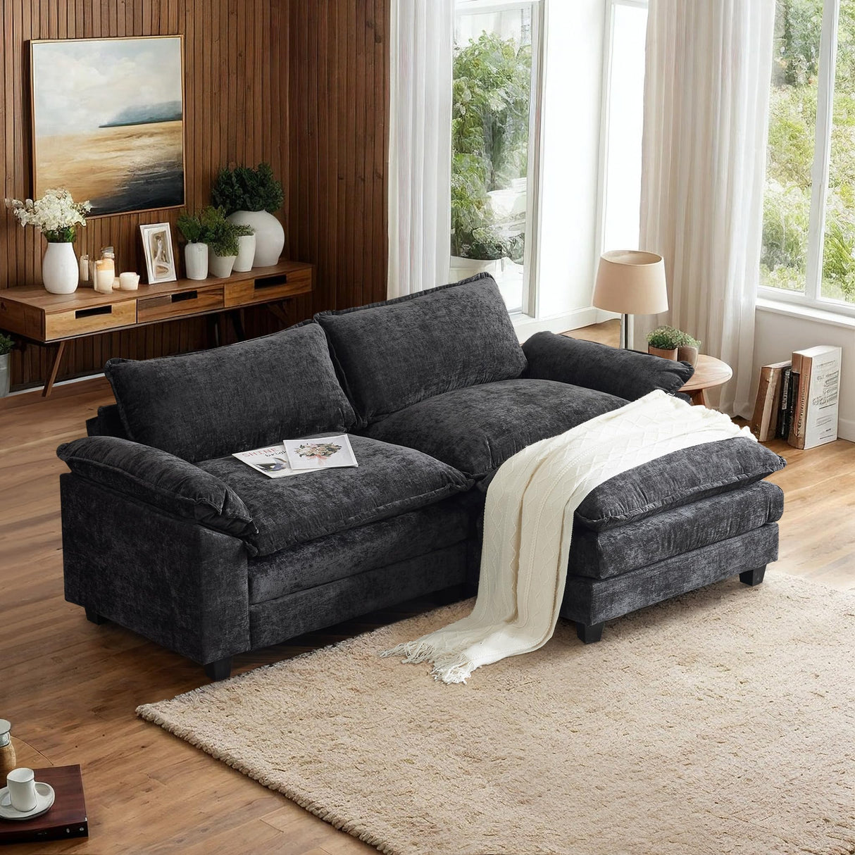 VINGLI 87" Convertible Sectional Sofa,L-Shape Deep Seat Sofa Couch for Living Room,Modern Chenille 2 Seat Loveseat Sofa with Ottoman for Small Space(Black, 87") VINGLI