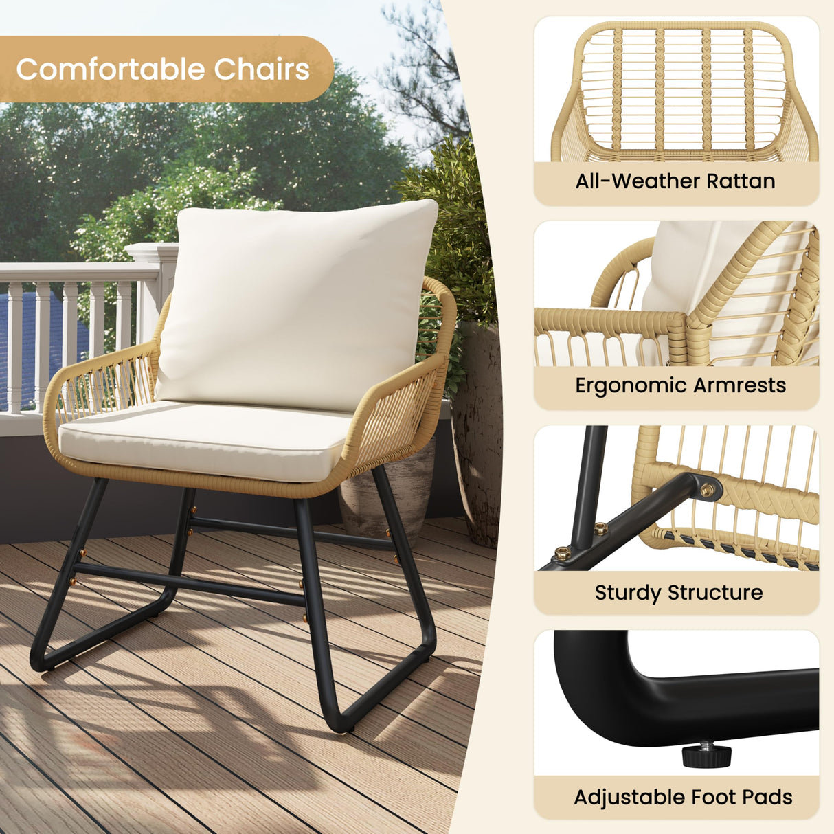 Yaheetech 3 Piece Patio Bistro Set Outdoor Wicker Bistro Furniture Sets, 2 Rattan Chairs and Glass Top Table for Patio, Balcony, Porch, Poolside, Backyard - Tan/Cream Yaheetech