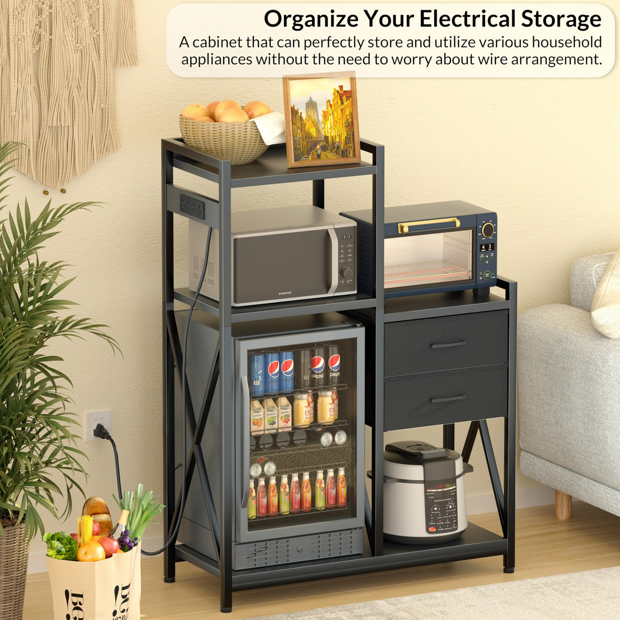 Unihouse Bakers Rack With Power Outlets,Fridge Stand With Storage Shelves And Drawers,Bakers Rack For Kitchen/Office/Study,Microwave Stand For Beans, Spices, Seasoning, Beverages,Wine Glasses,Black Unihouse