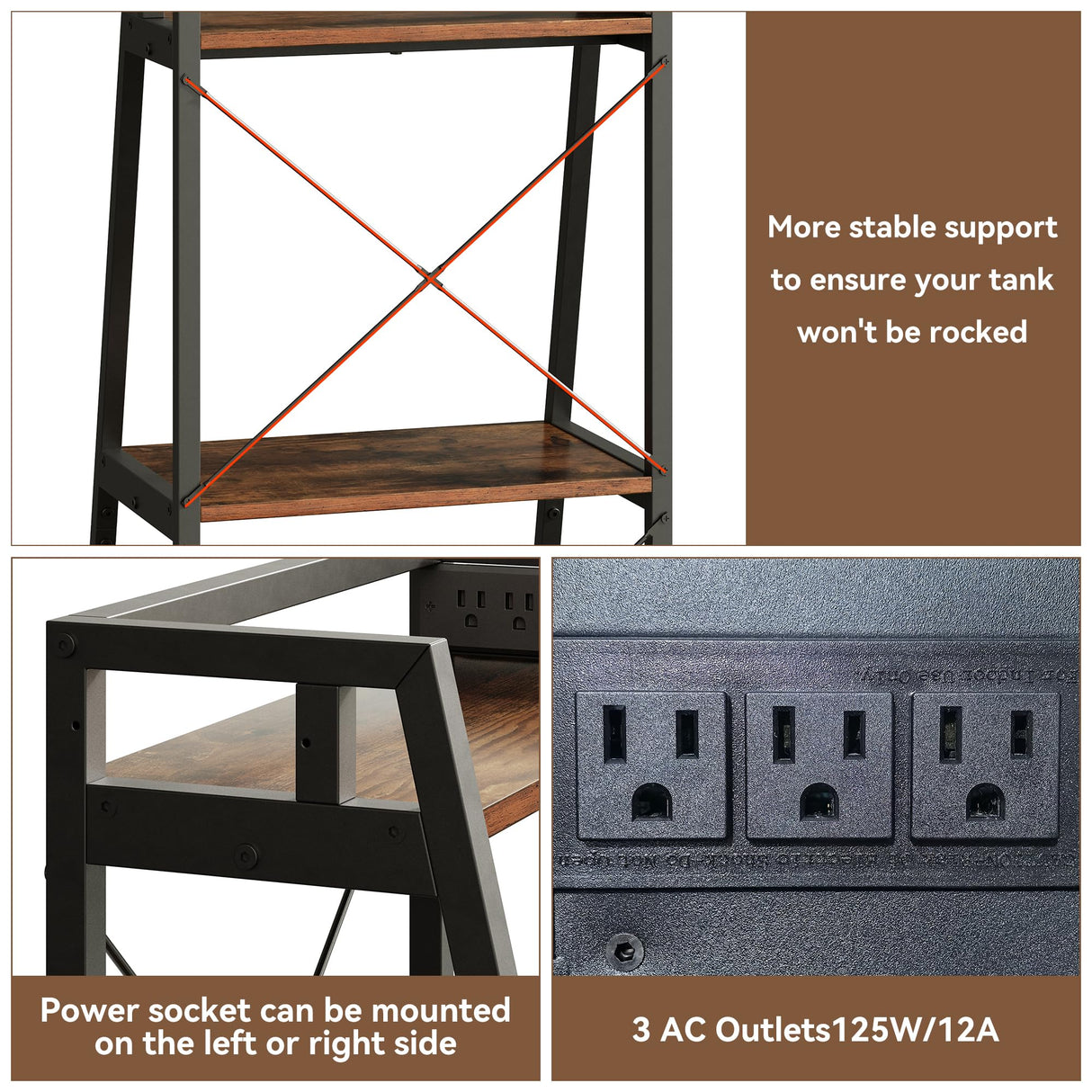 Herture 3-5.5 Gallon Fish Tank Stand with Shelf, Metal Frame Aquarium Stand with Storage and Power Outlet, for Multiple Fish Tank, 16.53" L*14.41" W Reptile Tank Rustic Brown PG11YGN Herture