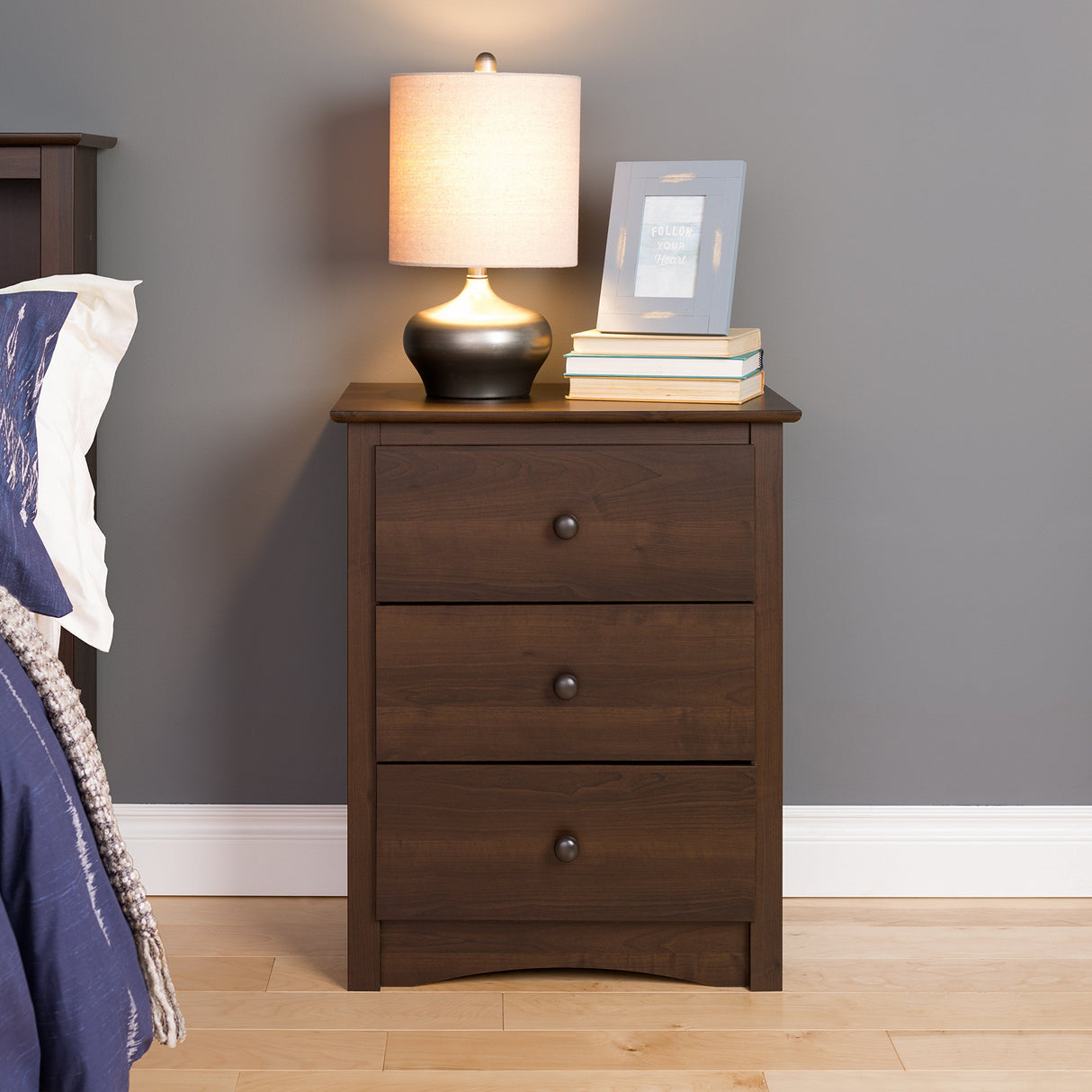 Prepac Sonoma Traditional Tall Nightstand Side Table with 3 Drawers, Functional Tall 3-Drawer Bedside Table 16" D x 23" W x 29" H, Espresso, EDC-2403 Prepac