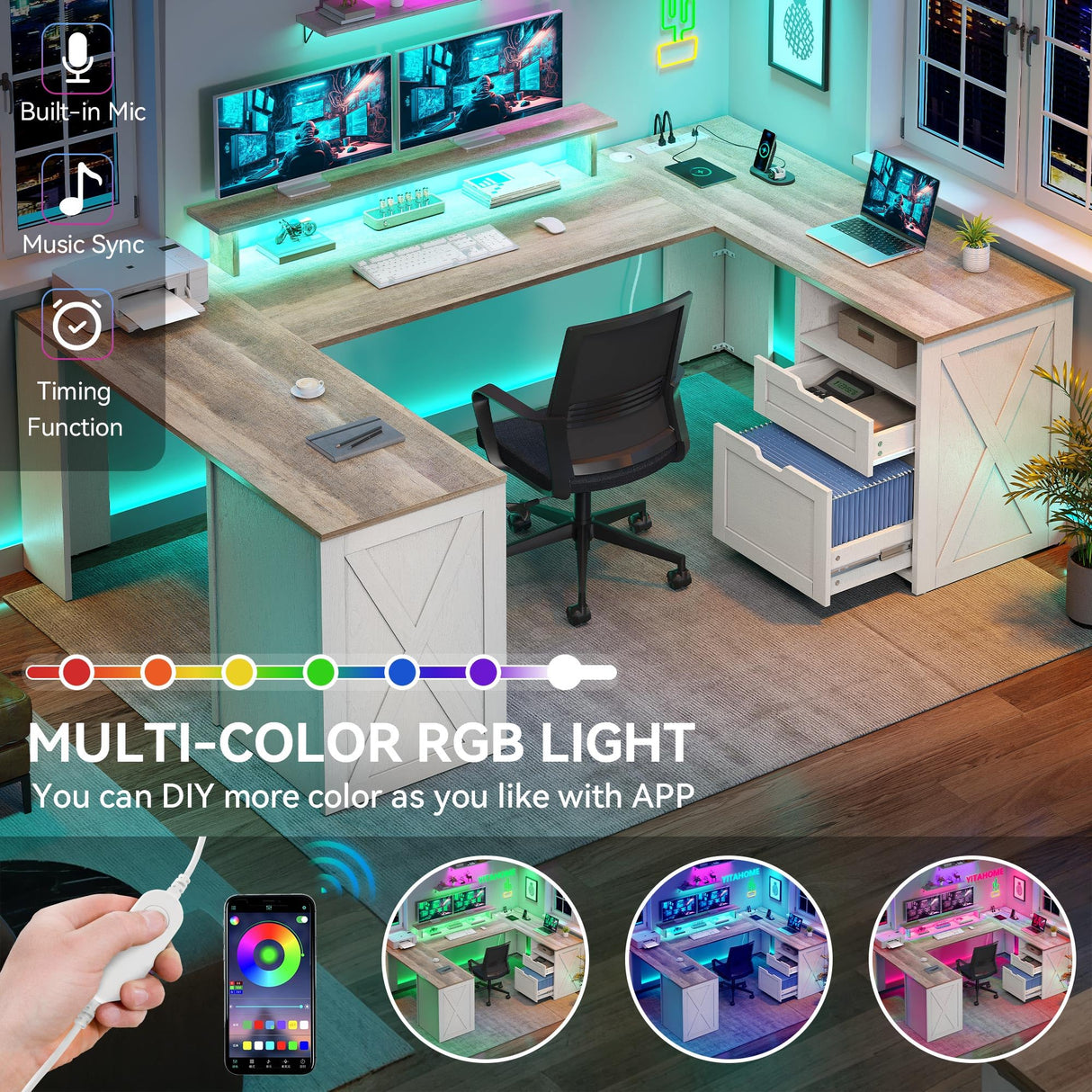 YITAHOME U Shaped Desk with Power Outlet & LED Lights, Farmhouse Computer Desk with Drawers, Wood Desk Home Office Desk with Monitor Stand & 5 Cubbies Storage Shelves, Grey Wash YITAHOME