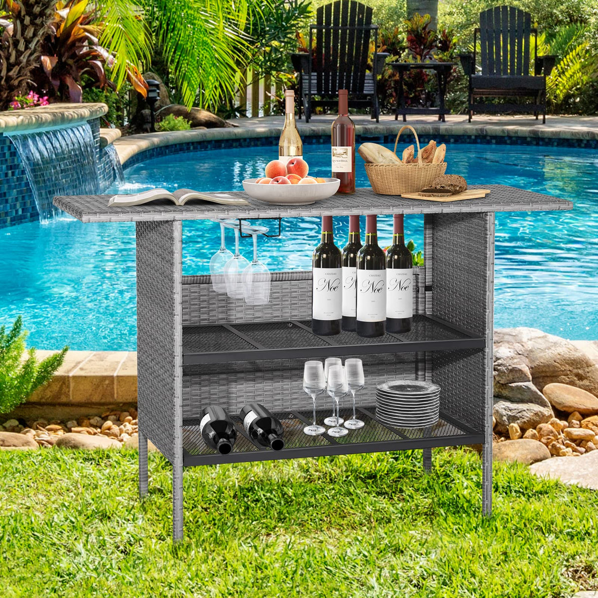 Tangkula Outdoor Wicker Bar Table, Patiojoy All Weather Patio Bar Height Table with 2 Metal Mesh Shelves & 2-Rail Steel Stemware Racks, Rattan Bar Counter Table for Backyard, Poolside (Mix Grey) Tangkula