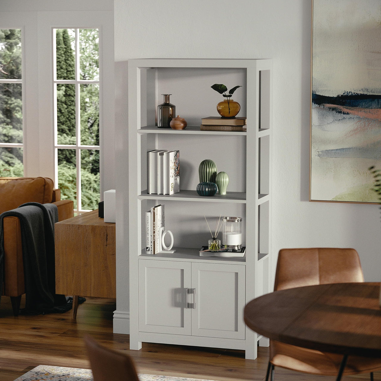Martha Stewart Hutton Four Tier Shaker Bookcase with Storage Cabinet in Gray with Brushed Nickel Hardware Martha Stewart