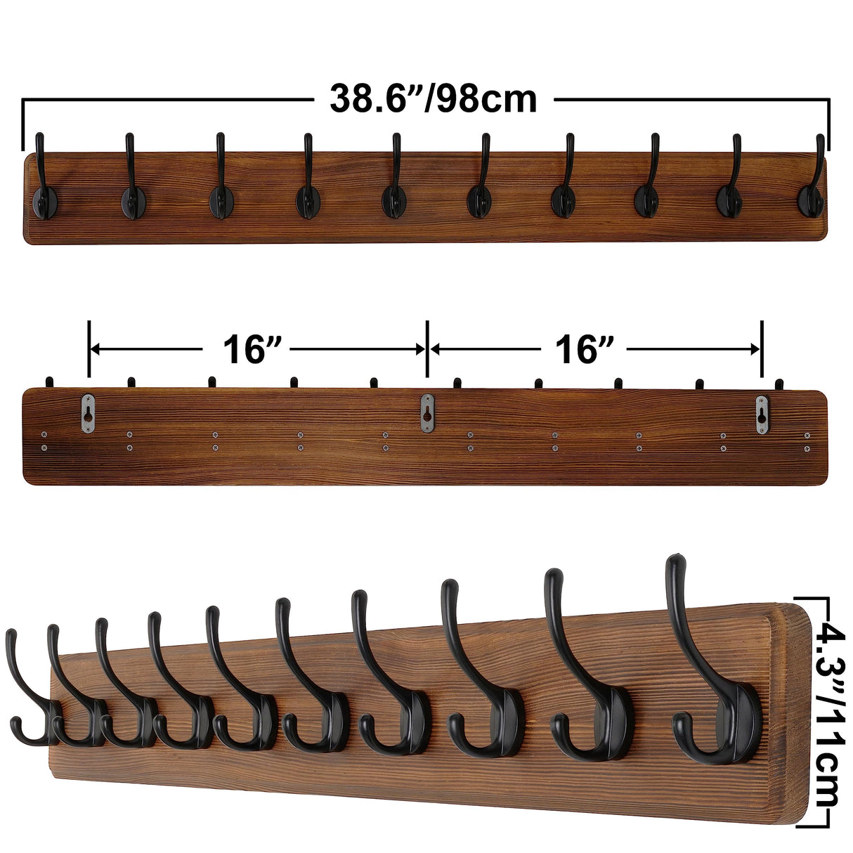 SKOLOO Farmhouse Style Wall Mounted Coat Rack, 38.6'' Pine Solid Wood Coat Hook Hanger - 10 Hooks for Hanging Clothes Robes Towels Coats SKOLOO