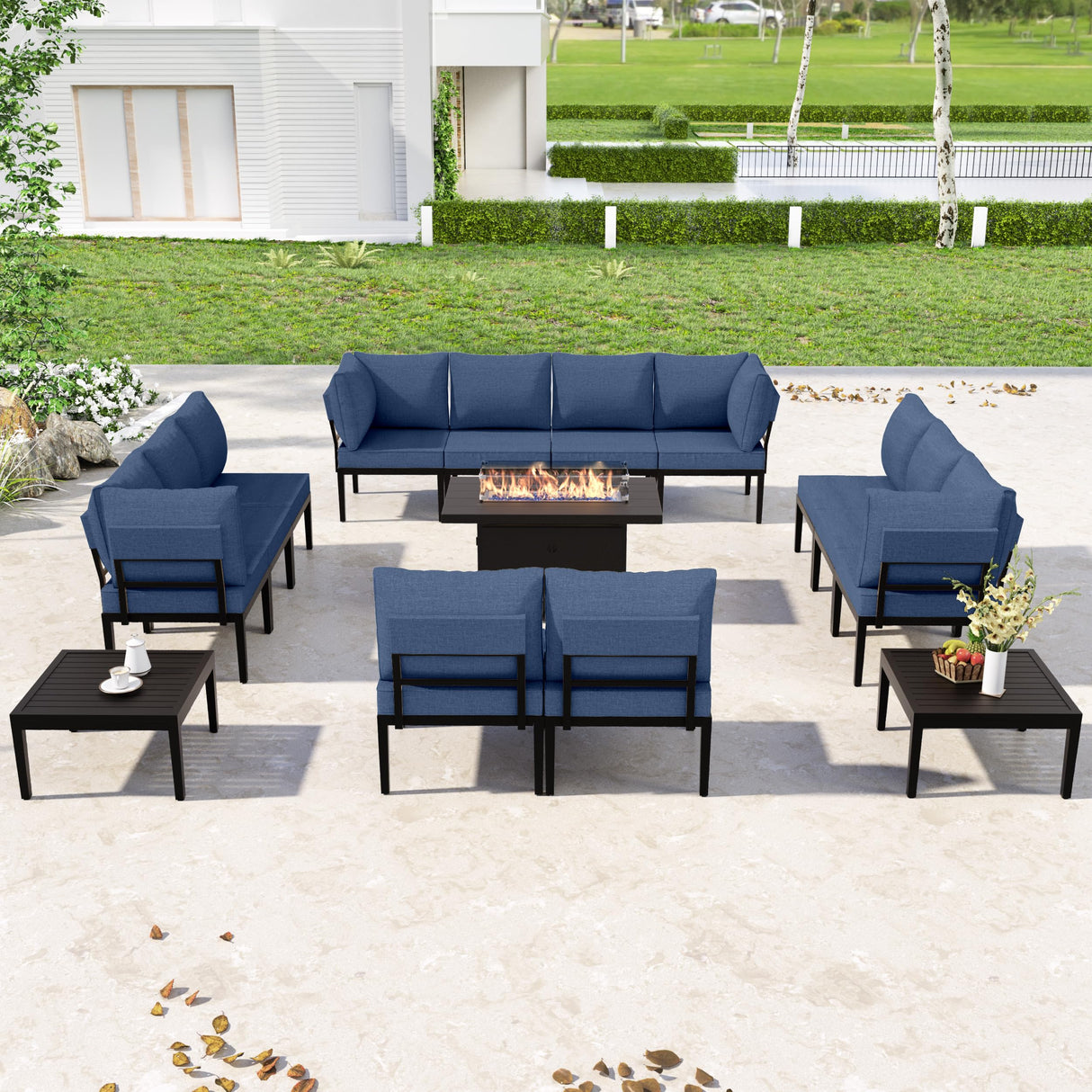 RTDTD 15 Piece Patio Furniture Set with 45" Propane Gas Fire Pit Table Metal Outdoor Patio Conversation Sectional Sofa Set with Coffee Table for Patio, Backyard, Deck(Navy) RTDTD