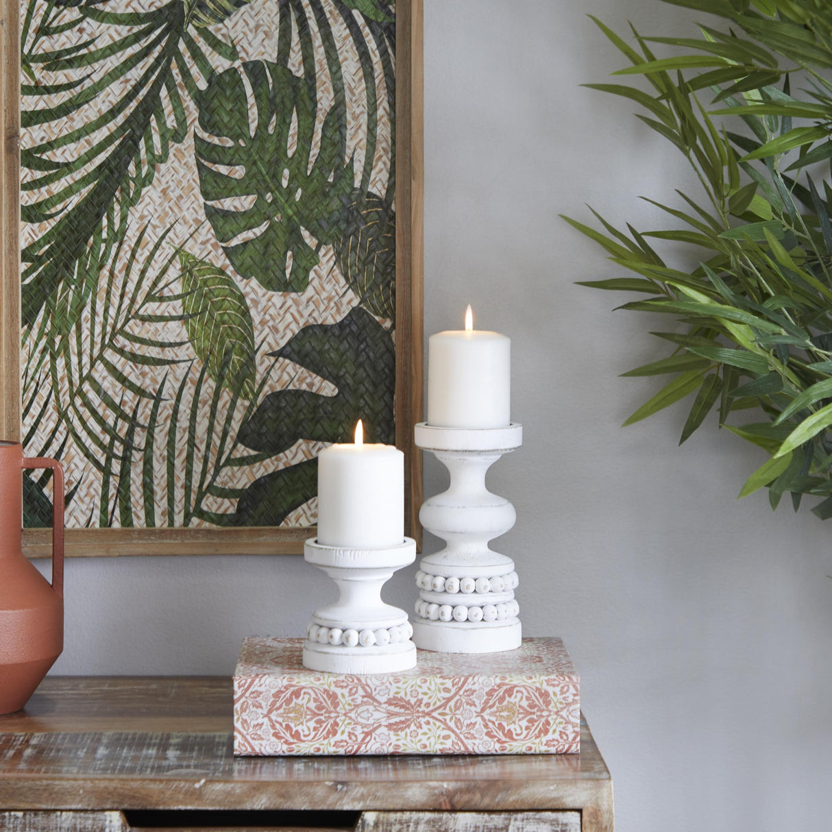 The Novogratz Wood Decorative Candle Holder Beaded Pillar Candle Stand, Set of 2 Candlestick Holder 8", 4"H, White Deco 79