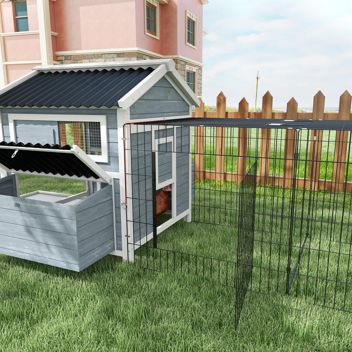 PawHut 11' x 5' x 3.5' Wooden Chicken Coop with Nesting Box, Outdoor Poultry Cage with Run for 4 Chickens with Pull-Out Tray, Perches for Duck, Dark Gray PawHut