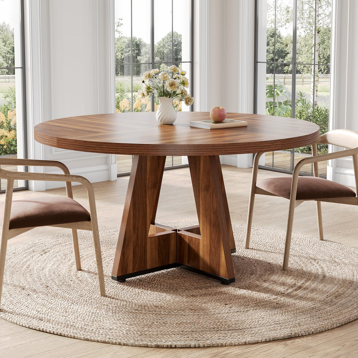 LITTLE TREE Round Dining Table for 4-6 People, 47 Inches Dining Room Table with Wooden Pedestal Base, Brown Dinner Tables, Circle Kitchen Tables for Dining Room, Kitchen, Living Room(Table Only) LITTLE TREE