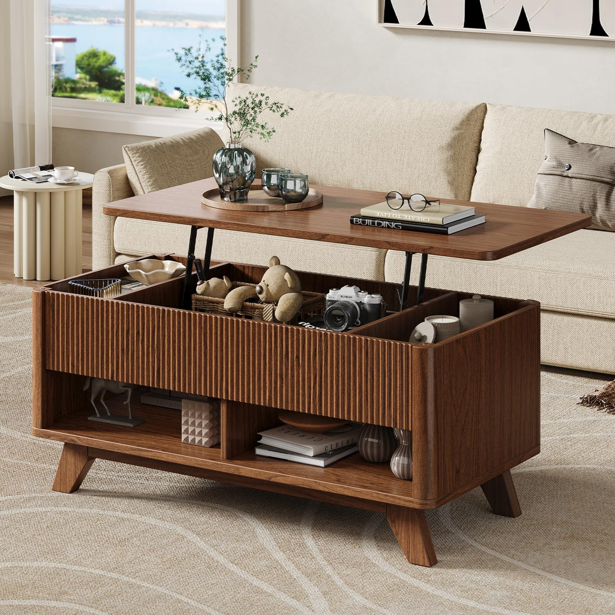 ONBRILL Farmhouse Lift Top Coffee Table, Mid Century Modern Coffee Table with Hidden Storage Compartment, Fluted Rising Pull up Wood Modern Center for Living Room, Office, Walnut ONBRILL
