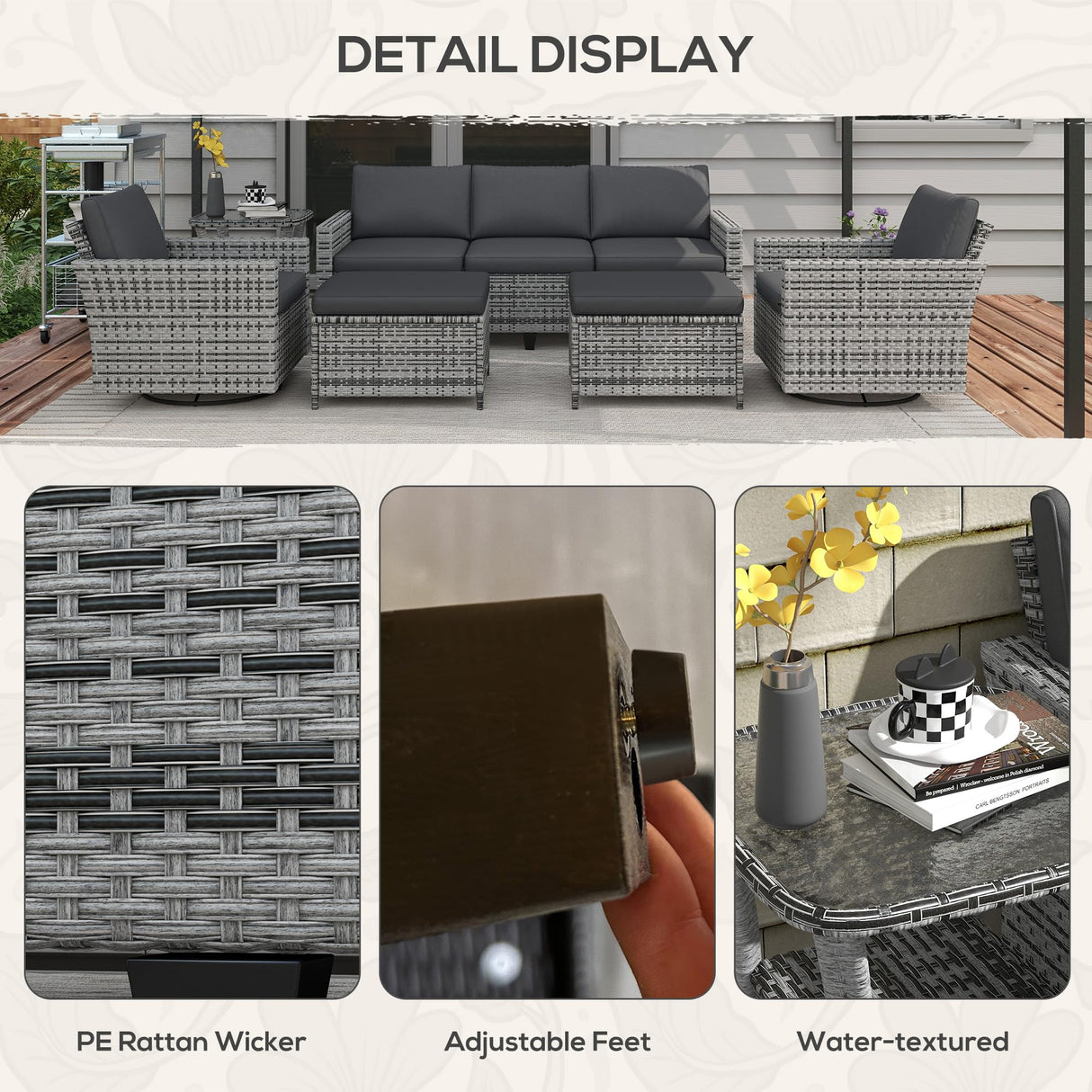 Outsunny 6 Piece Patio Furniture Set with Rattan 3-seater Sofa, Swivel Rocking Chairs, Footstools, Table, Outdoor Conversation Set for Backyard, Lawn and Pool, Mixed Gray Outsunny