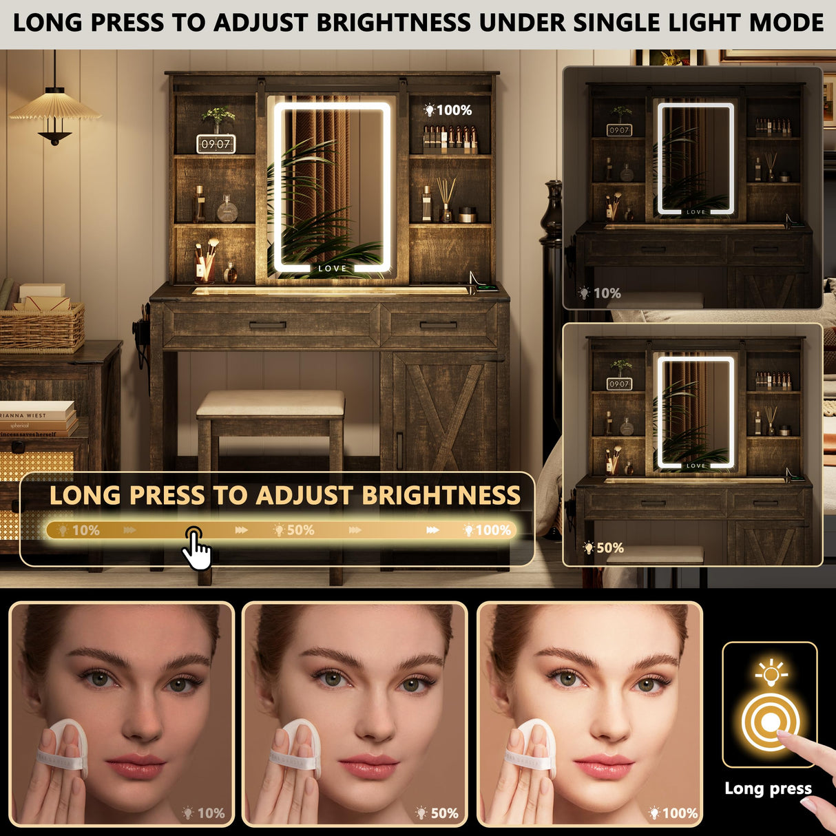 FREDEES Farmhouse Makeup Vanity with Charging Station,Vanity Set with Stool&Sliding Mirror&3Brightness Lights,Large Storage Glass Top Dressing Table with Drawers and Shelves for Women/Girls,Dark Oak FREDEES